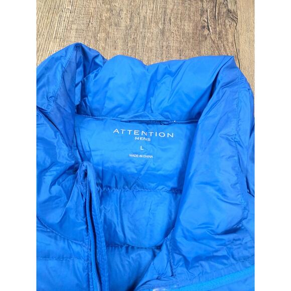 Attention Men's L Vest Down Puffer Jacket Quilted Packable Blue Zip Lightweight - Picture 3 of 4